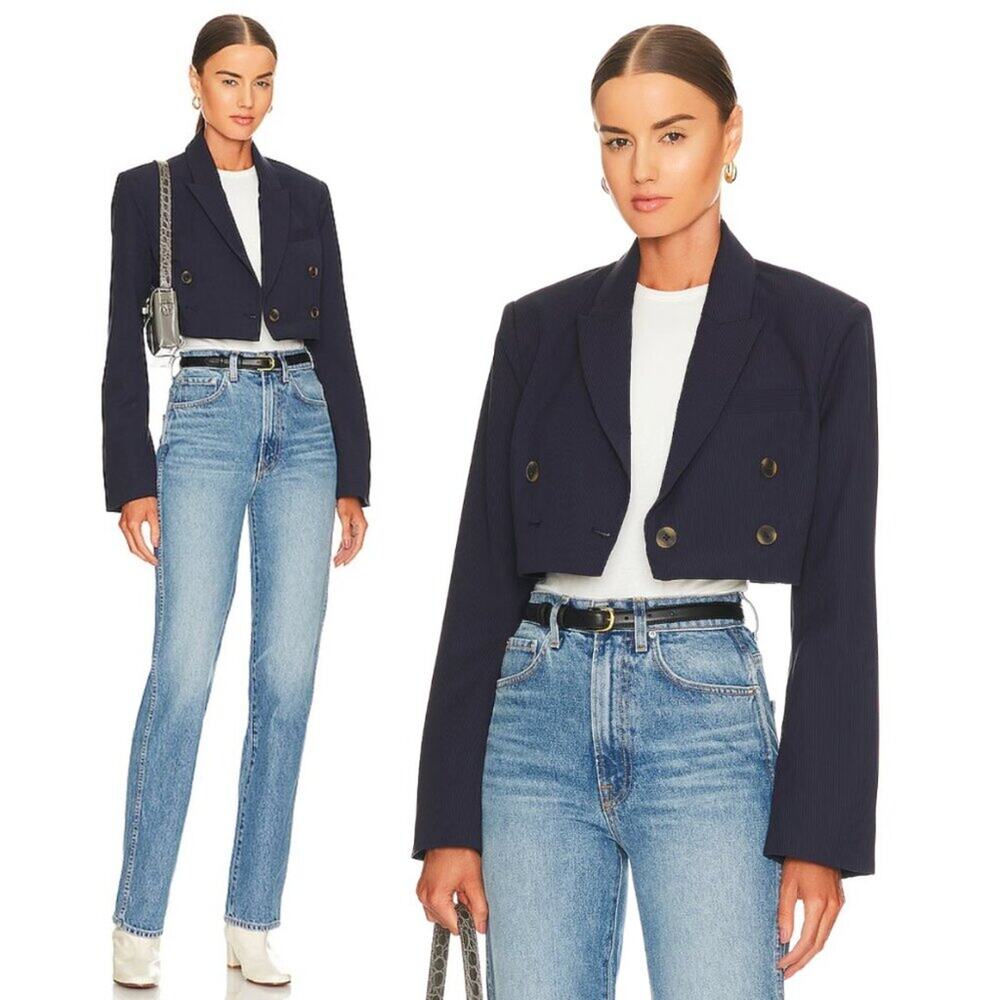 Revolve L’academie Aven Cropped Blazer in Navy Stripe